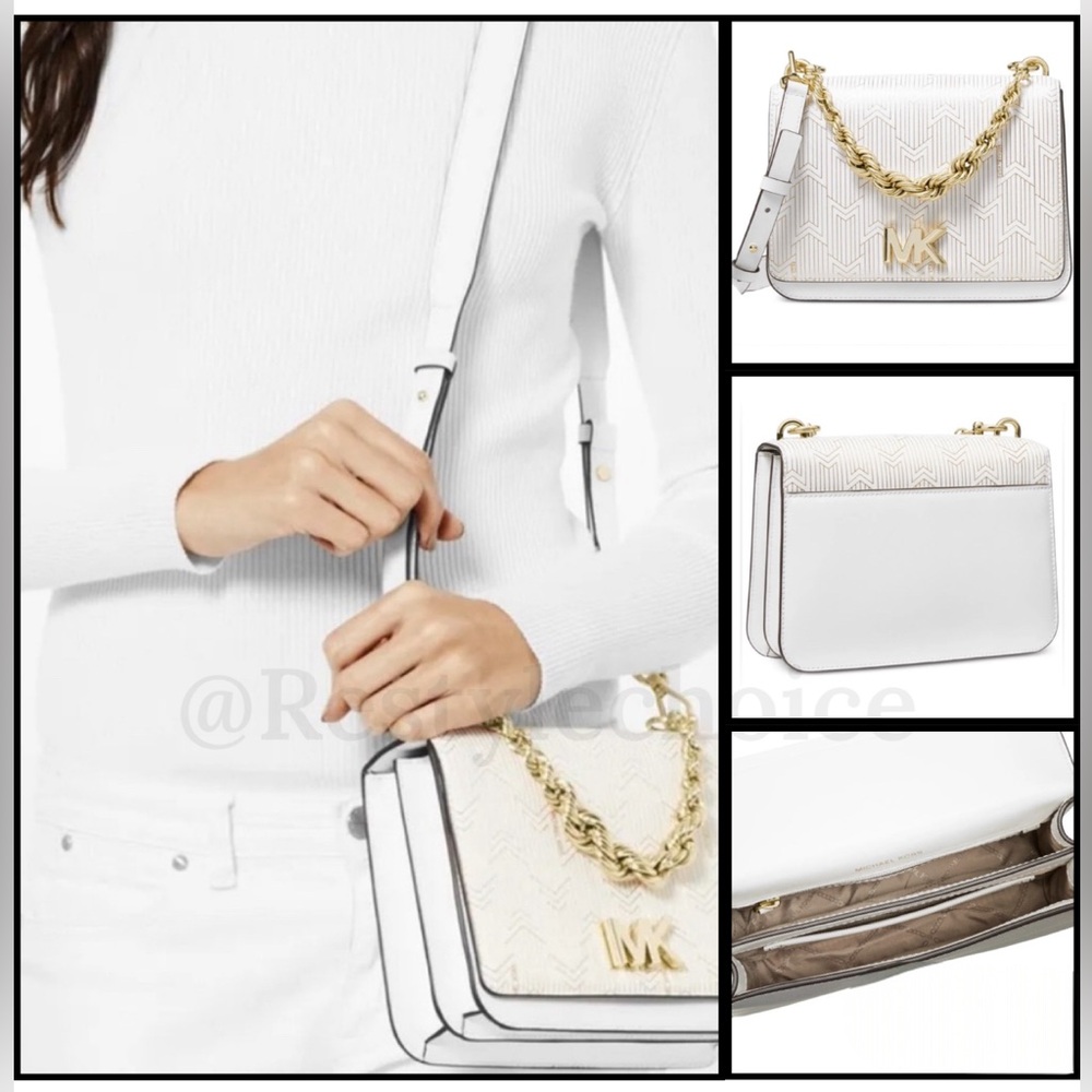 ✨NWT Michael Kors Mott Metallic Deco Chain Swing Shoulder Bag OPTIC WHITE/GOLD